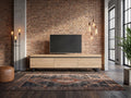 Meuble TV effet chêne design 240 cm SKRAUT HOME dans un salon industriel lumineux aux tons chauds, vue de face