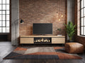 Meuble TV effet chêne design 267 cm SKRAUT HOME dans un salon industriel lumineux aux tons chauds, vue de face