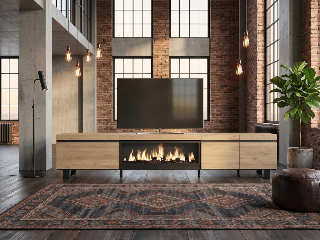Meuble TV effet chêne design 288 cm SKRAUT HOME dans un salon industriel lumineux aux tons chauds, vue de face
