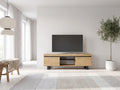 Meuble TV effet chêne noir NATURALE dans un salon scandinave lumineux aux tons chauds, vue de face