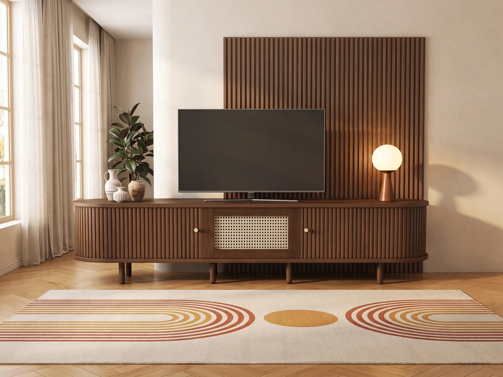 Meuble TV effet noyer 180 cm MERAX dans un salon vintage lumineux aux tons chauds, vue de face