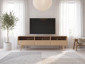 Meuble TV en bois 180 cm JALEMO dans un salon scandinave lumineux aux tons chauds, vue de face