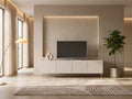 Meuble TV en bois 180 cm NORSIM dans un salon moderne lumineux aux tons chauds, vue de face