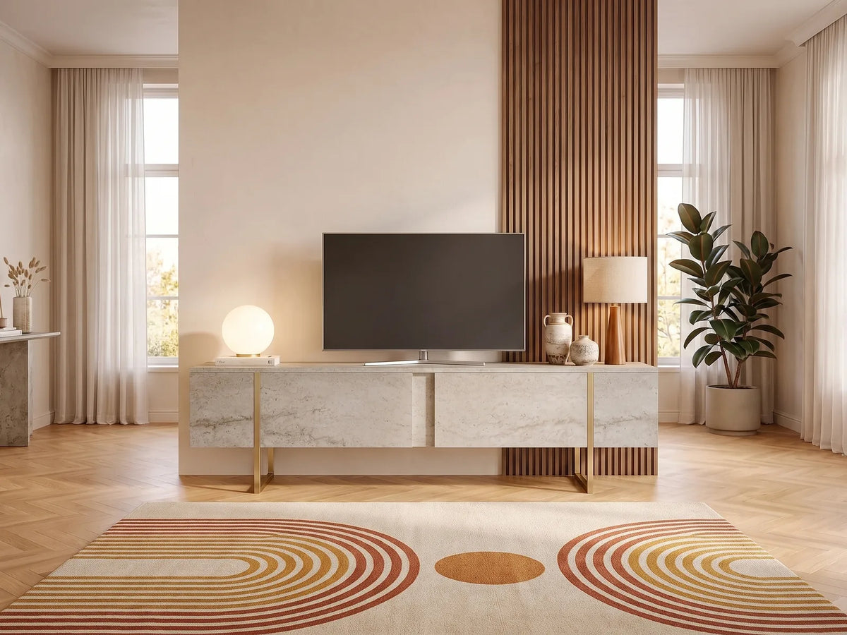Meuble TV en bois 180 cm ZIRELDA dans un salon vintage lumineux aux tons chauds, vue de face
