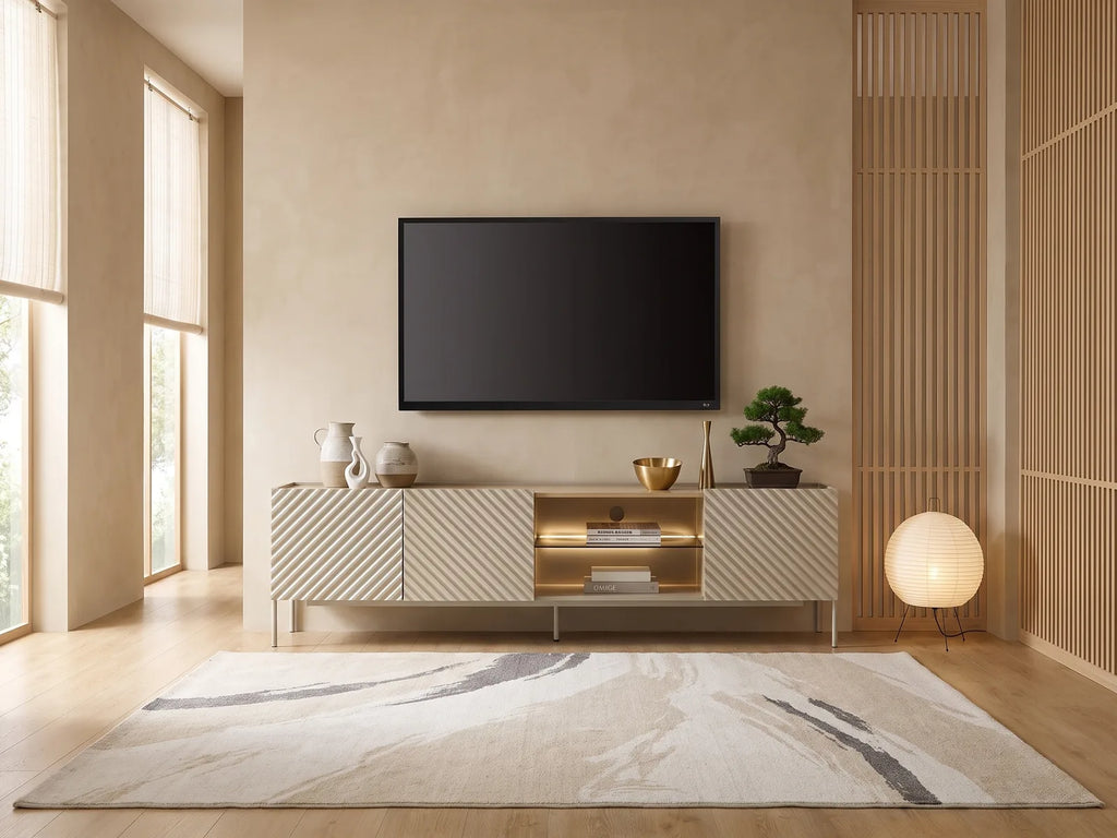 Meuble TV en bois 200 cm TASIBA dans un salon japandi lumineux aux tons chauds, vue de face