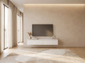 Meuble TV en bois blanc 150 cm BEMMI dans un salon minimaliste lumineux aux tons chauds, vue de face