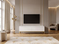 Meuble TV en bois blanc 150 cm doré BEMMI dans un salon Art déco lumineux aux tons chauds, vue de face