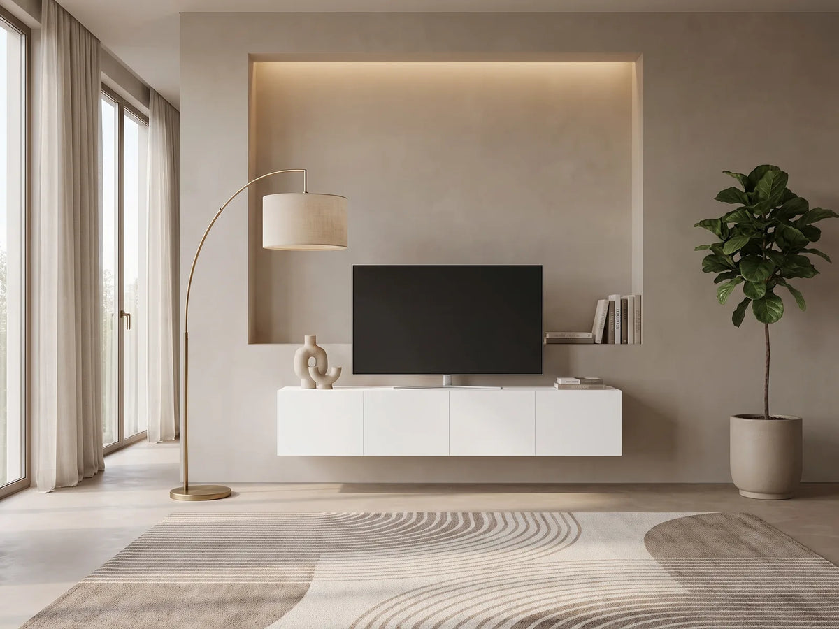 Meuble TV Suspendu Blanc avec LED 2 Éléments 160 cm VIDAXL dans un salon moderne lumineux aux tons chauds, vue de face