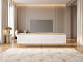 Meuble TV en bois blanc 170 cm MODERNLUXE dans un salon Art déco lumineux aux tons chauds, vue de face