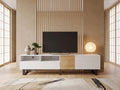 Meuble TV en bois blanc 180 cm 2 tiroirs MODERNLUXE dans un salon japandi lumineux aux tons chauds, vue de face