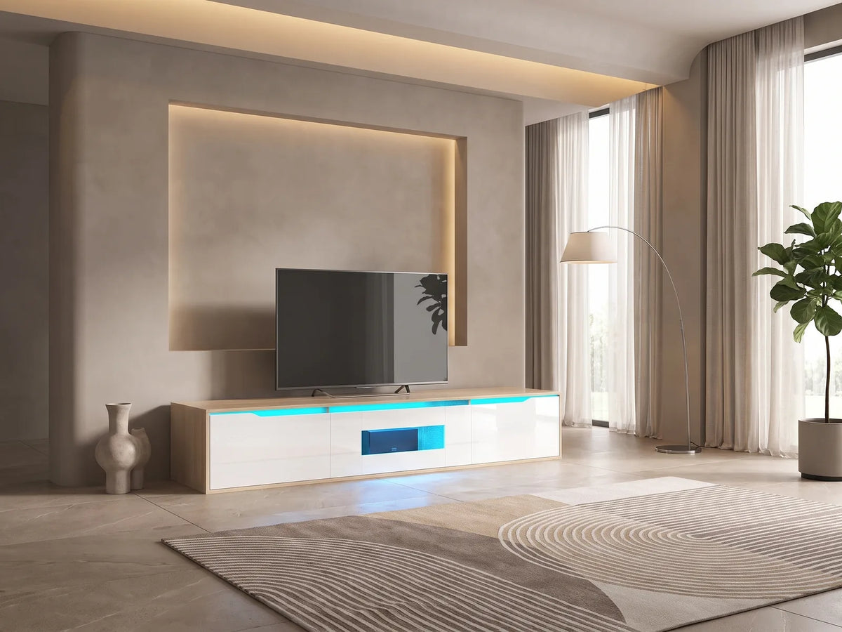 Meuble TV Bas Bois et Blanc Laqué avec LED 180 cm MODERNLUXE dans un salon moderne lumineux aux tons chauds, vue de face