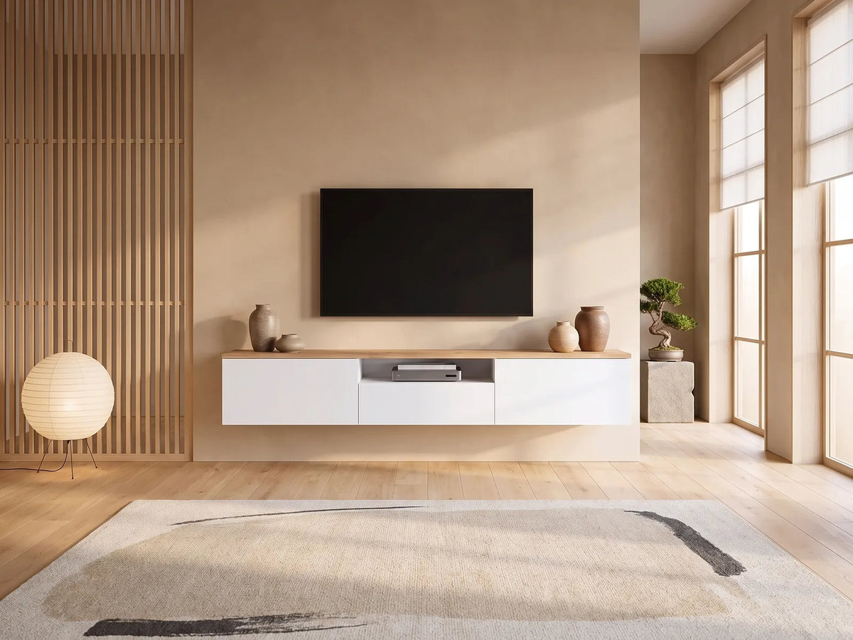 Meuble TV Suspendu Bois et Blanc avec Niche 180 cm LOTULA dans un salon japandi lumineux aux tons chauds, vue de face