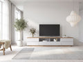Meuble TV en bois blanc 180 cm MODERNLUXE dans un salon scandinave lumineux aux tons chauds, vue de face