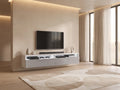 Meuble TV en bois blanc 180 cm REDNAW dans un salon minimaliste lumineux aux tons chauds, vue de face