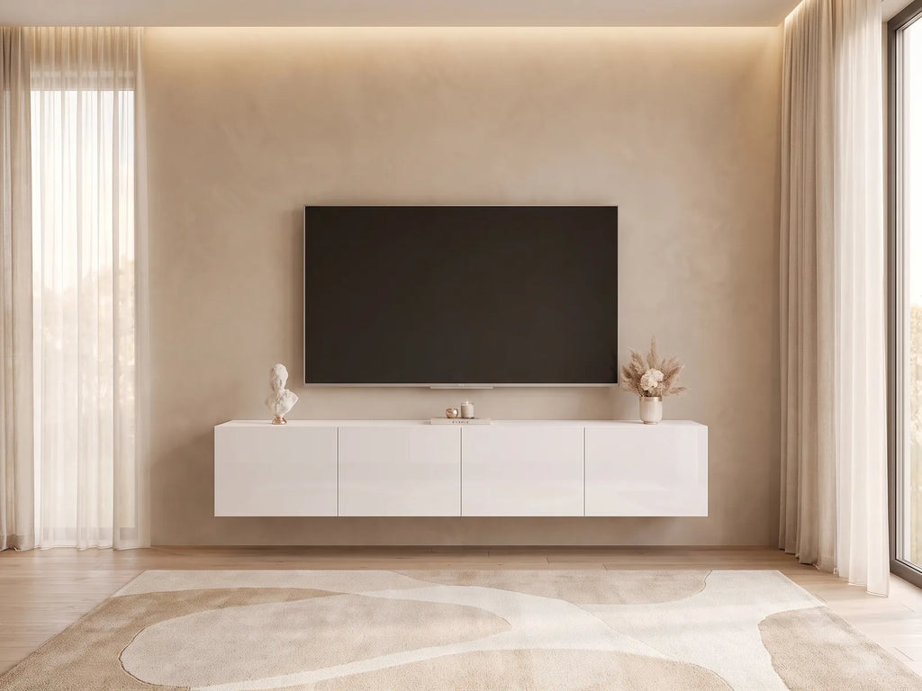 Meuble TV en bois blanc 200 cm ANGEL dans un salon minimaliste lumineux aux tons chauds, vue de face