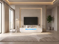 Meuble TV en bois blanc 200 cm MAISON CHIC dans un salon moderne lumineux aux tons chauds, vue de face