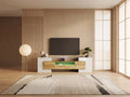 Meuble TV en bois blanc 200 cm MODERNLUXE dans un salon japandi lumineux aux tons chauds, vue de face