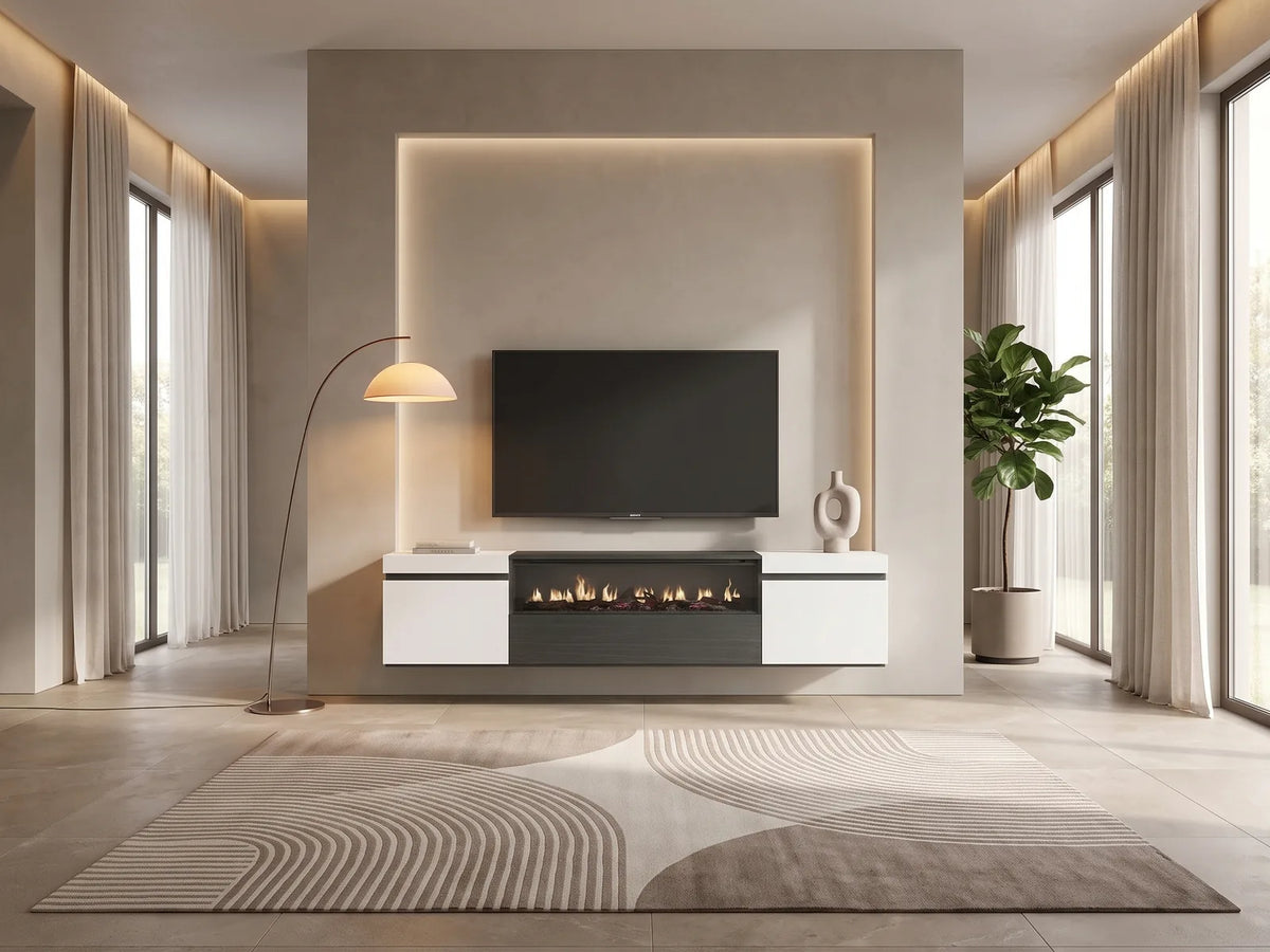 Meuble TV en bois blanc 203 cm SKRAUT HOME dans un salon moderne lumineux aux tons chauds, vue de face