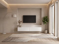Meuble TV en bois blanc CALICOSY dans un salon moderne lumineux aux tons chauds, vue de face