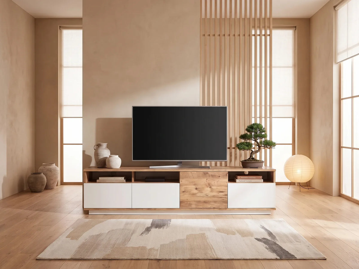 Meuble TV Bas Bois et Blanc 4 Portes 180 cm CEDONA dans un salon japandi lumineux aux tons chauds, vue de face