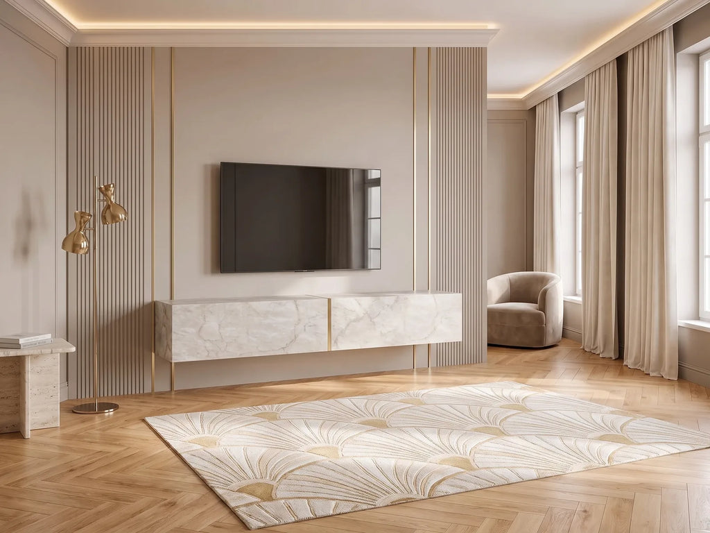 Meuble TV en bois blanc DINOMA dans un salon Art déco lumineux aux tons chauds, vue de face