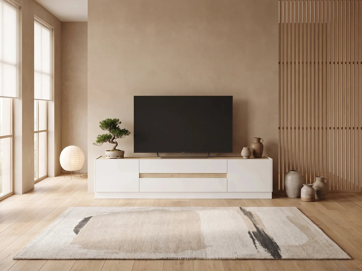 Meuble TV Bas Bois et Blanc 2 Tiroirs 205 cm EMORA dans un salon japandi lumineux aux tons chauds, vue de face