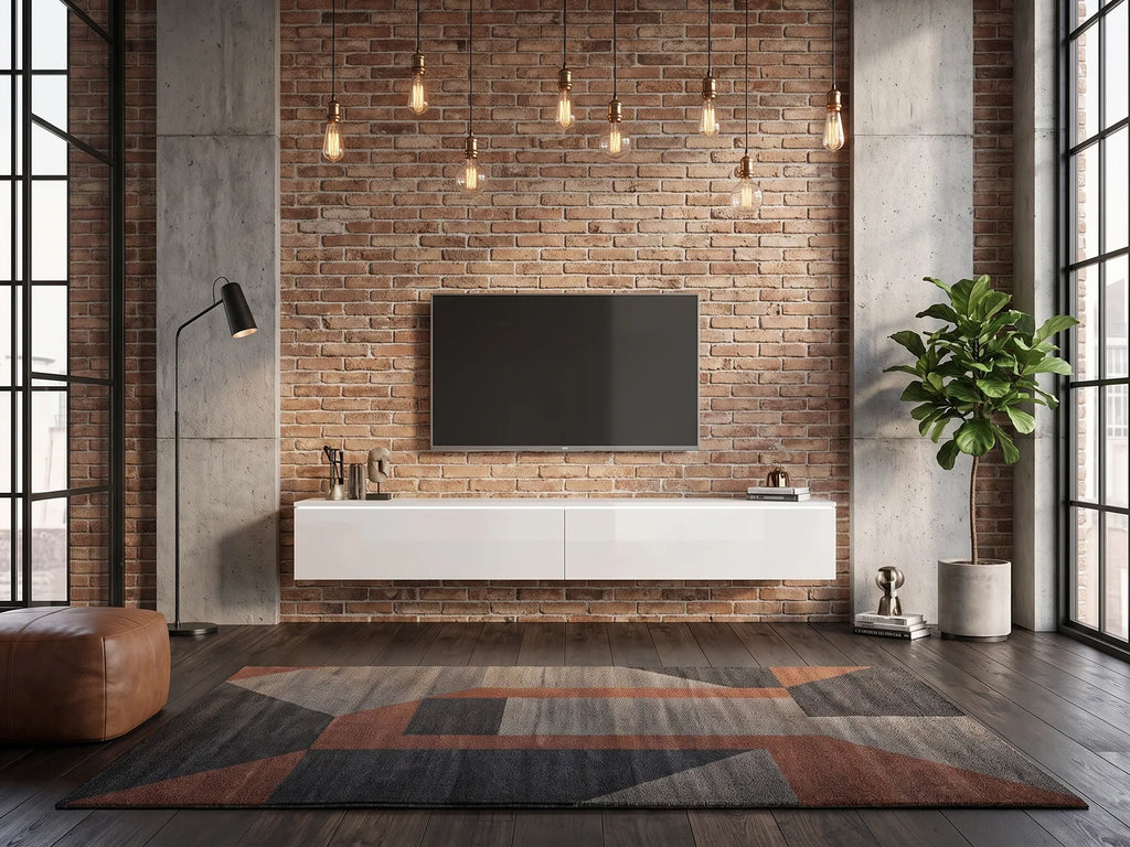Meuble TV en bois blanc LAUREN MEBLE BE dans un salon industriel lumineux aux tons chauds, vue de face