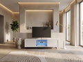 Meuble TV en bois blanc LEFYR dans un salon moderne lumineux aux tons chauds, vue de face