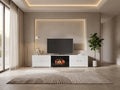 Meuble TV en bois blanc SKRAUT HOME dans un salon moderne lumineux aux tons chauds, vue de face