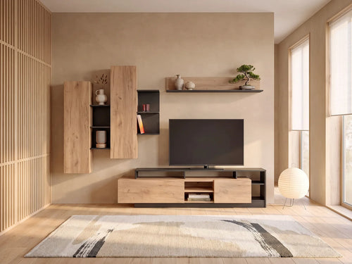 Meuble TV en bois gris 260 cm IDESIA dans un salon japandi lumineux aux tons chauds, vue de face