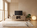Meuble TV en bois marron THE HOME DECO FACTORY dans un salon japandi lumineux aux tons chauds, vue de face