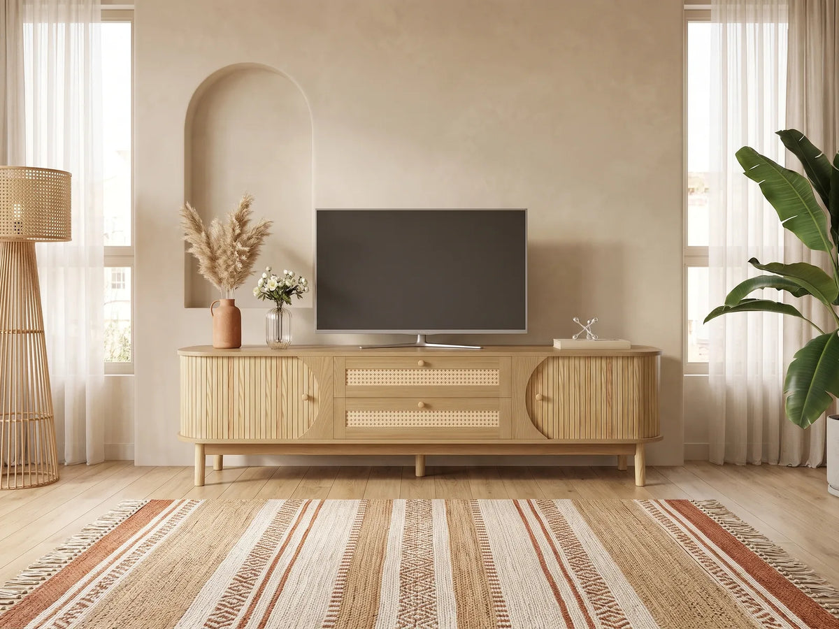 Meuble TV en bois moderne 170 cm MODERNLUXE dans un salon bohème lumineux aux tons chauds, vue de face