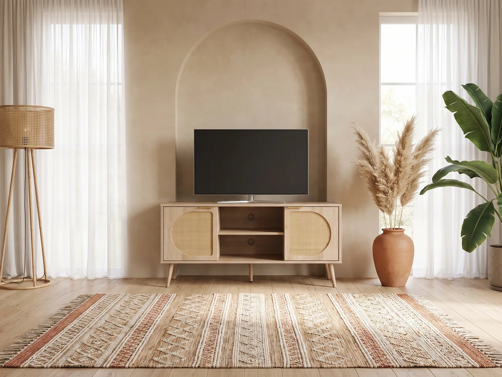 Meuble TV en bois moderne SWEEEK dans un salon bohème lumineux aux tons chauds, vue de face