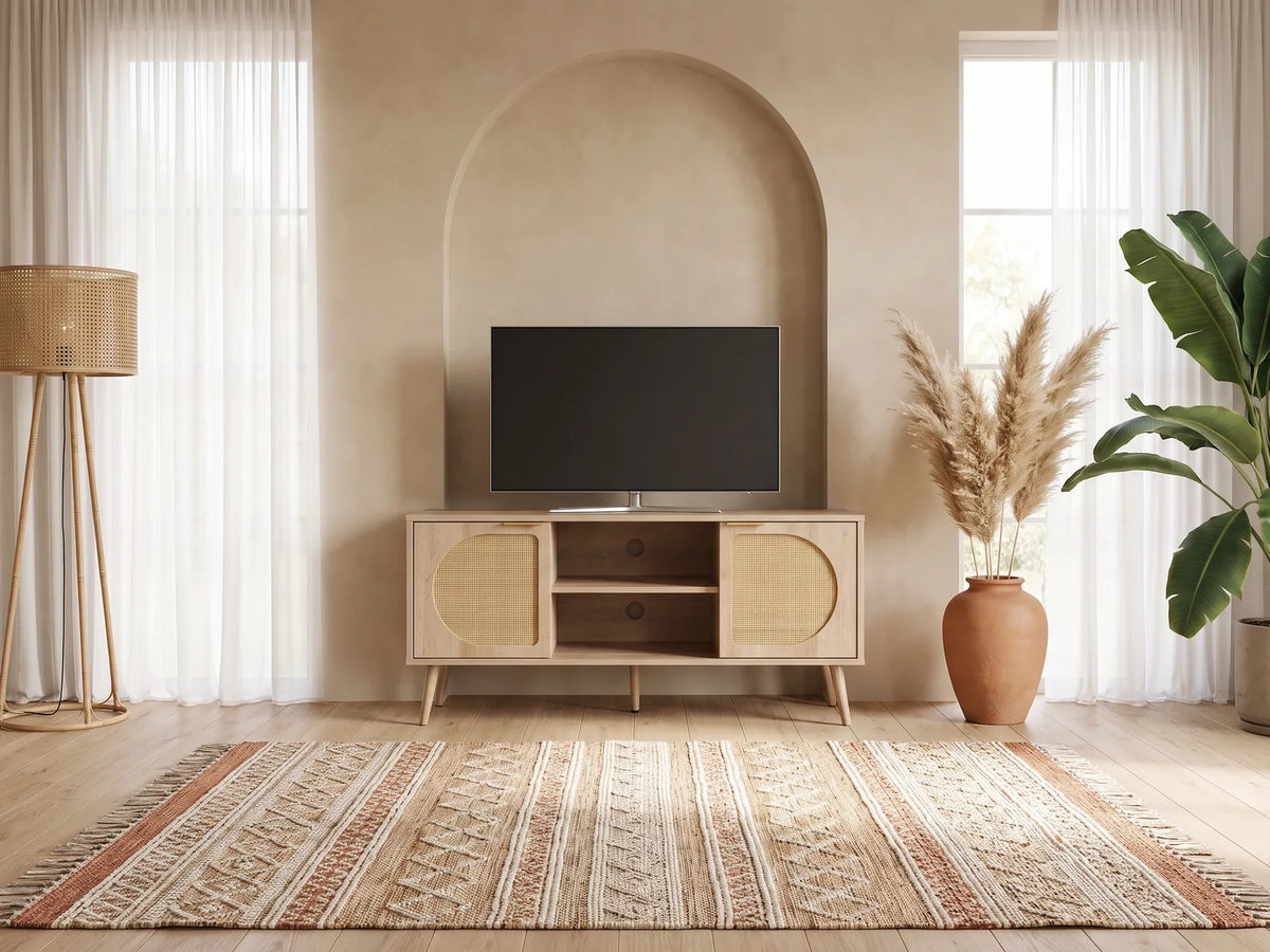 Meuble TV en bois moderne SWEEEK dans un salon bohème lumineux aux tons chauds, vue de face