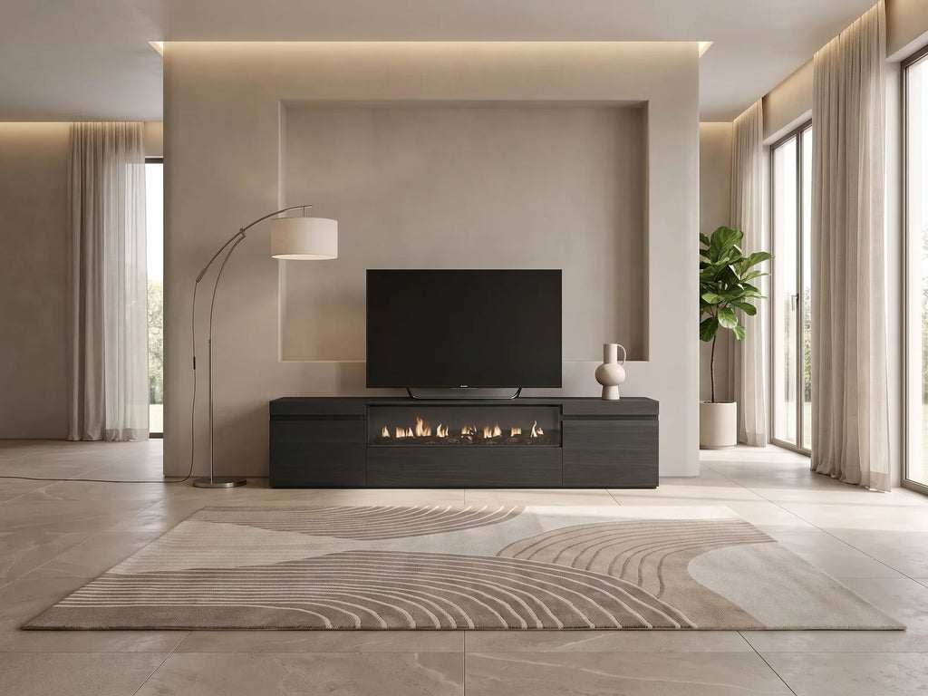 Meuble TV en bois noir 203 cm avec LED SKRAUT HOME dans un salon moderne lumineux aux tons chauds, vue de face