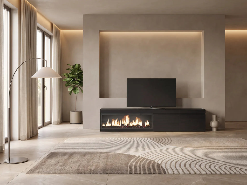 Meuble TV en bois noir 208 cm SKRAUT HOME dans un salon moderne lumineux aux tons chauds, vue de face