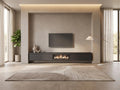 Meuble TV en bois noir 368 cm avec LED SKRAUT HOME dans un salon moderne lumineux aux tons chauds, vue de face