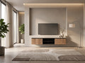 Meuble TV en bois noir DECOROTIKA FR dans un salon moderne lumineux aux tons chauds, vue de face