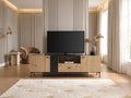 Meuble TV en bois noir LIOMENA dans un salon Art déco lumineux aux tons chauds, vue de face