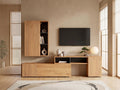Meuble TV en bois noir MODERNLUXE dans un salon japandi lumineux aux tons chauds, vue de face