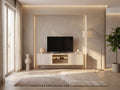 Meuble TV en bois noir OVILA dans un salon moderne lumineux aux tons chauds, vue de face
