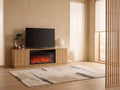 Meuble TV en bois noir YEVINA dans un salon japandi lumineux aux tons chauds, vue de face