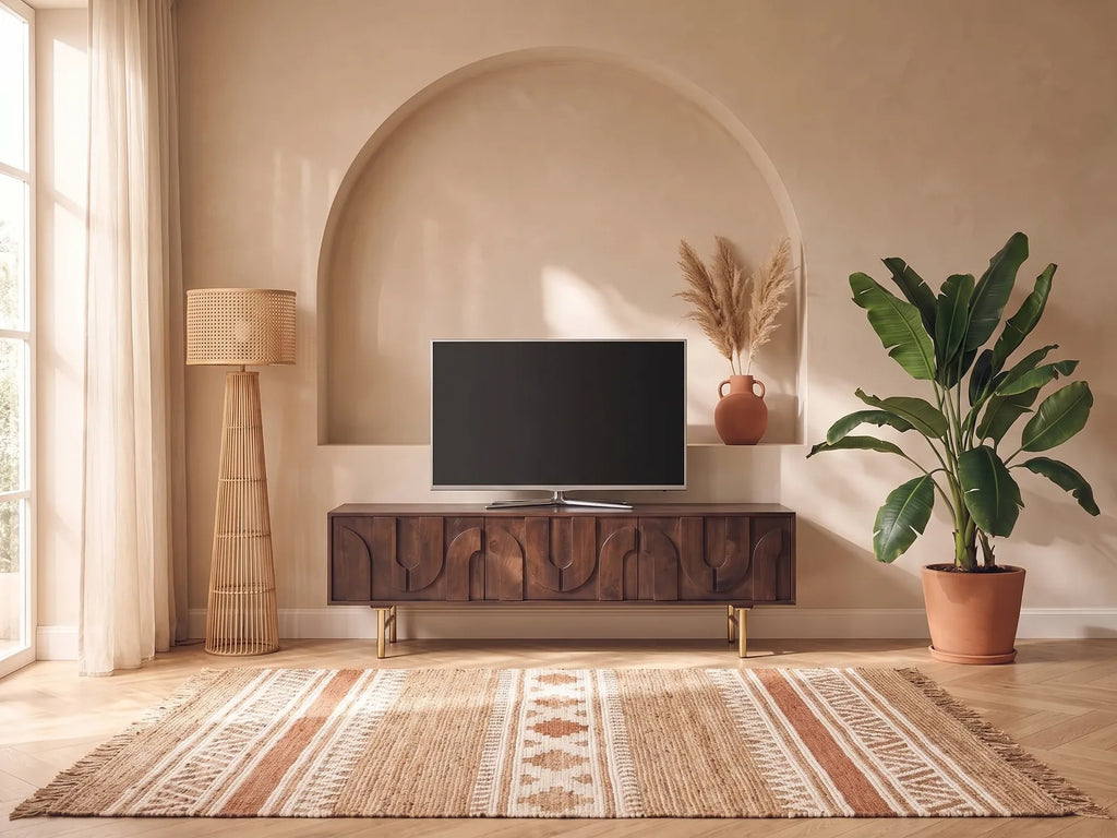 Meuble TV en manguier 160 cm MIZORAM dans un salon bohème lumineux aux tons chauds, vue de face