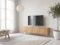 Meuble TV scandinave 160 cm VS VENTA-STOCK dans un salon scandinave lumineux aux tons chauds, vue de face