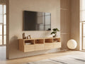 Meuble TV suspendu 120 cm marron VIDAXL dans un salon japandi lumineux aux tons chauds, vue de face