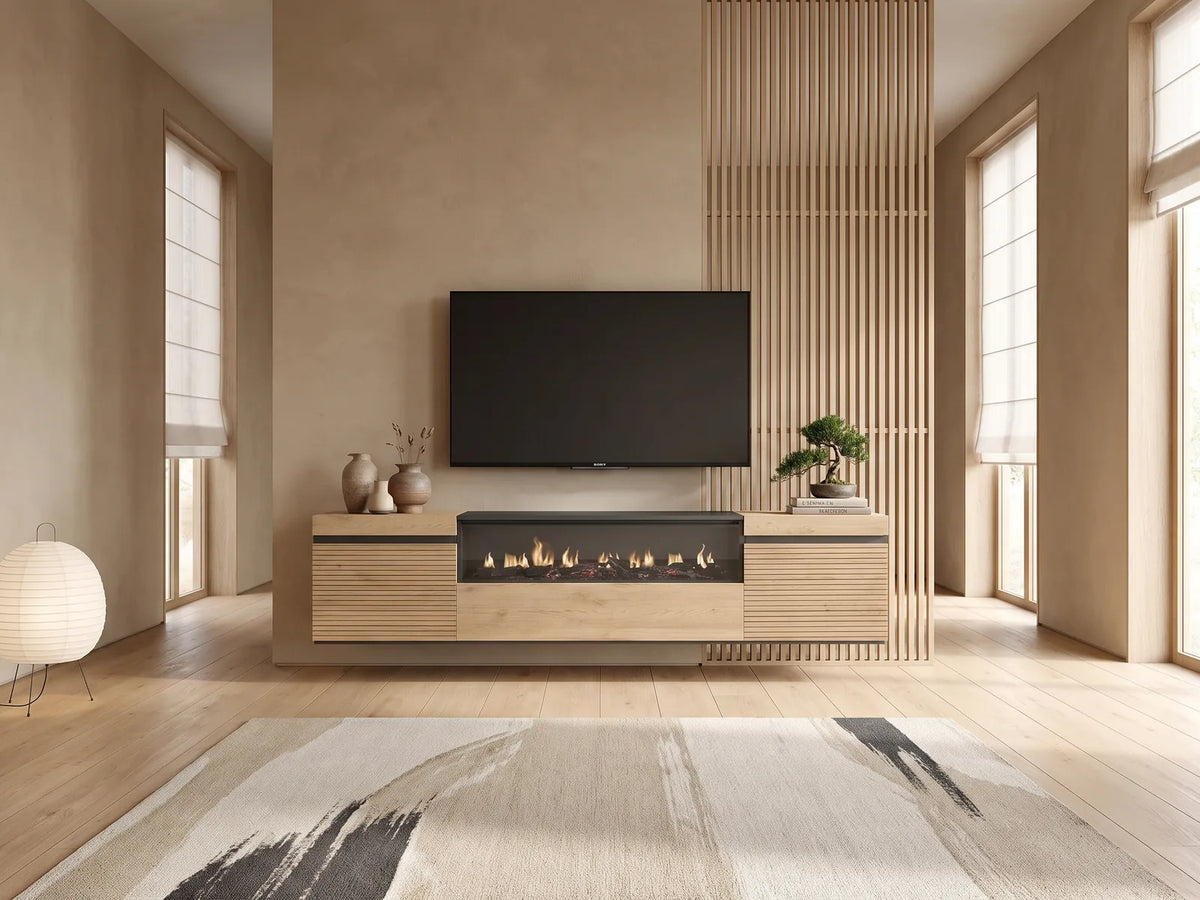 Meuble TV suspendu avec LED 203 cm SKRAUT HOME dans un salon japandi lumineux aux tons chauds, vue de face