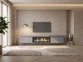 Meuble TV suspendu en bois 267 cm SKRAUT HOME dans un salon moderne lumineux aux tons chauds, vue de face