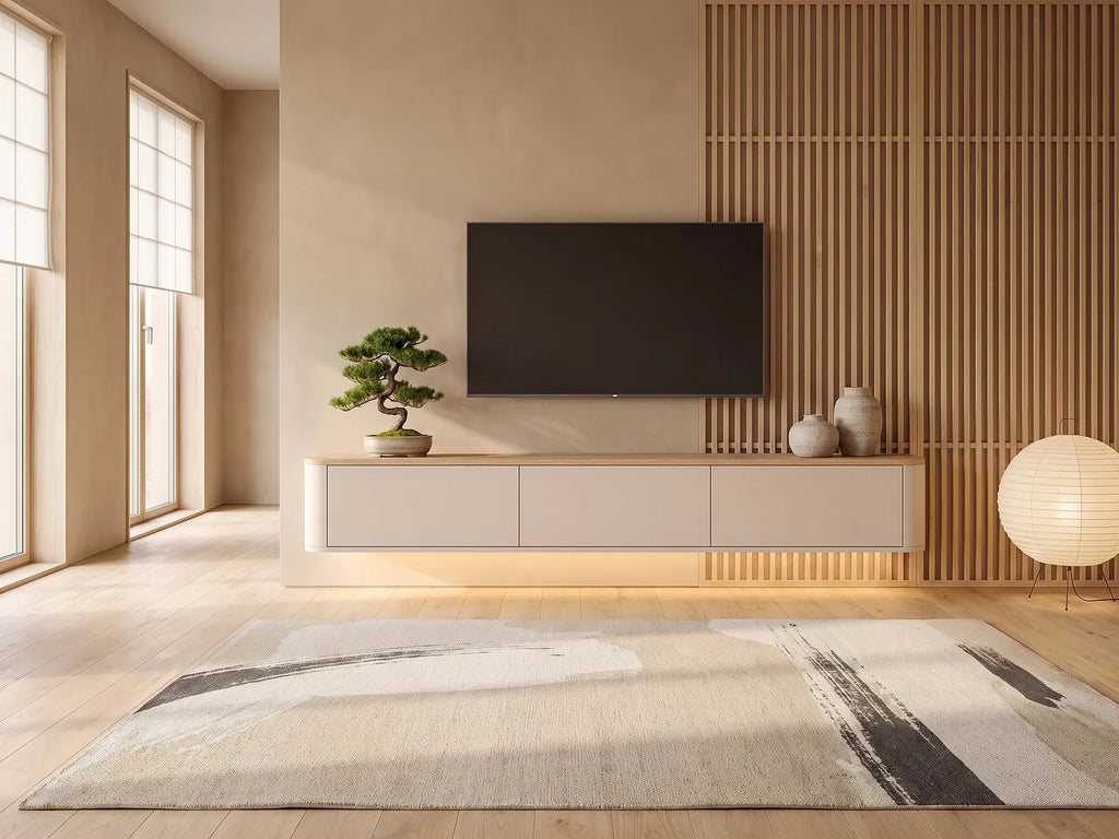 Meuble TV suspendu en bois AJUGA dans un salon japandi lumineux aux tons chauds, vue de face