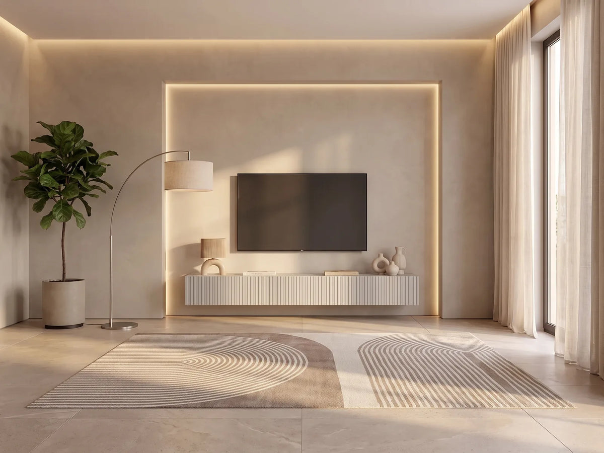 Meuble TV suspendu en bois DANTAY dans un salon moderne lumineux aux tons chauds, vue de face